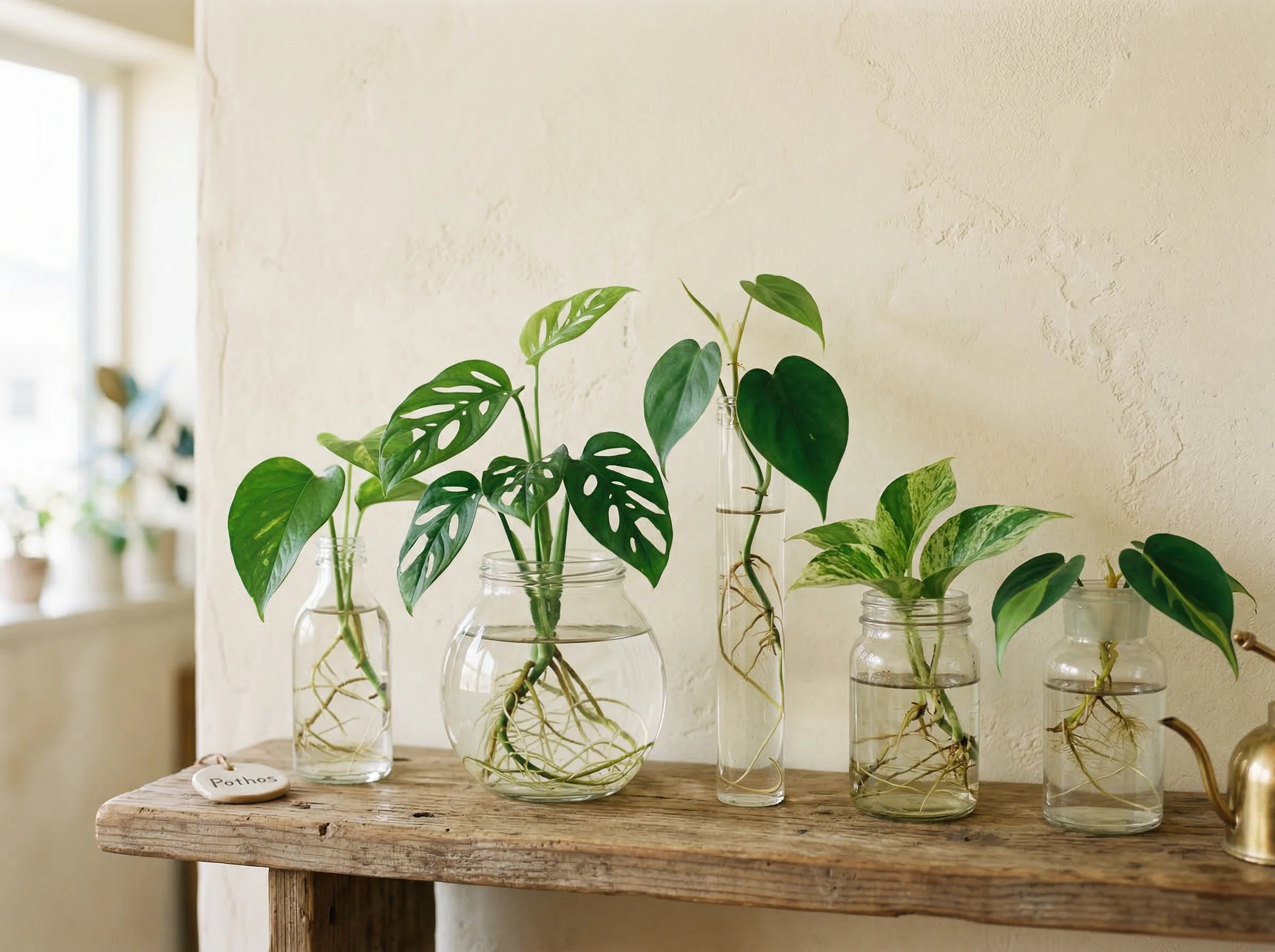 Plant propagation cuttings in glass vases showing root growth