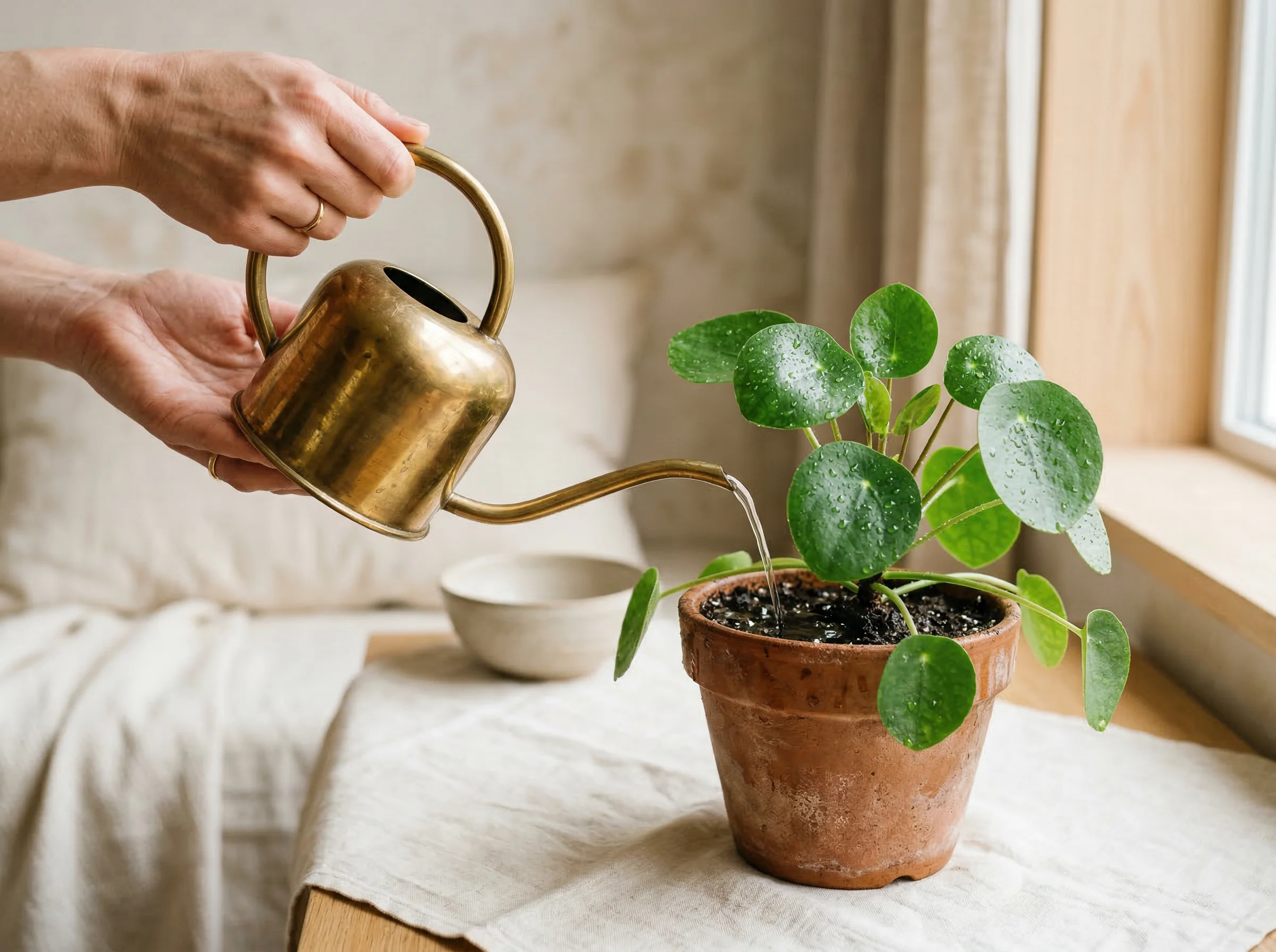 Spider Plant with arching green and white striped leaves and baby plantlets
