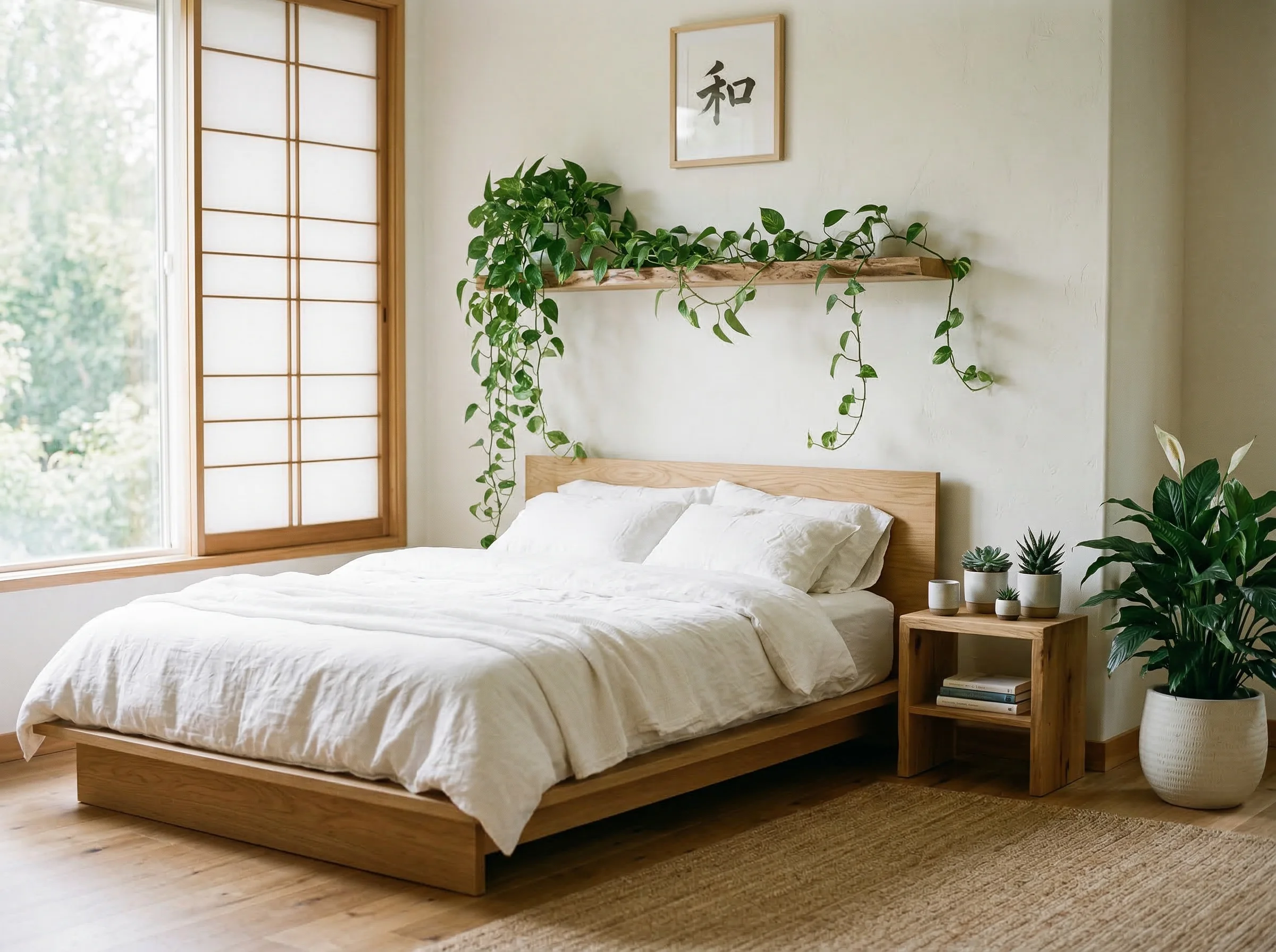 Serene Japanese bedroom with trailing pothos and peace lily