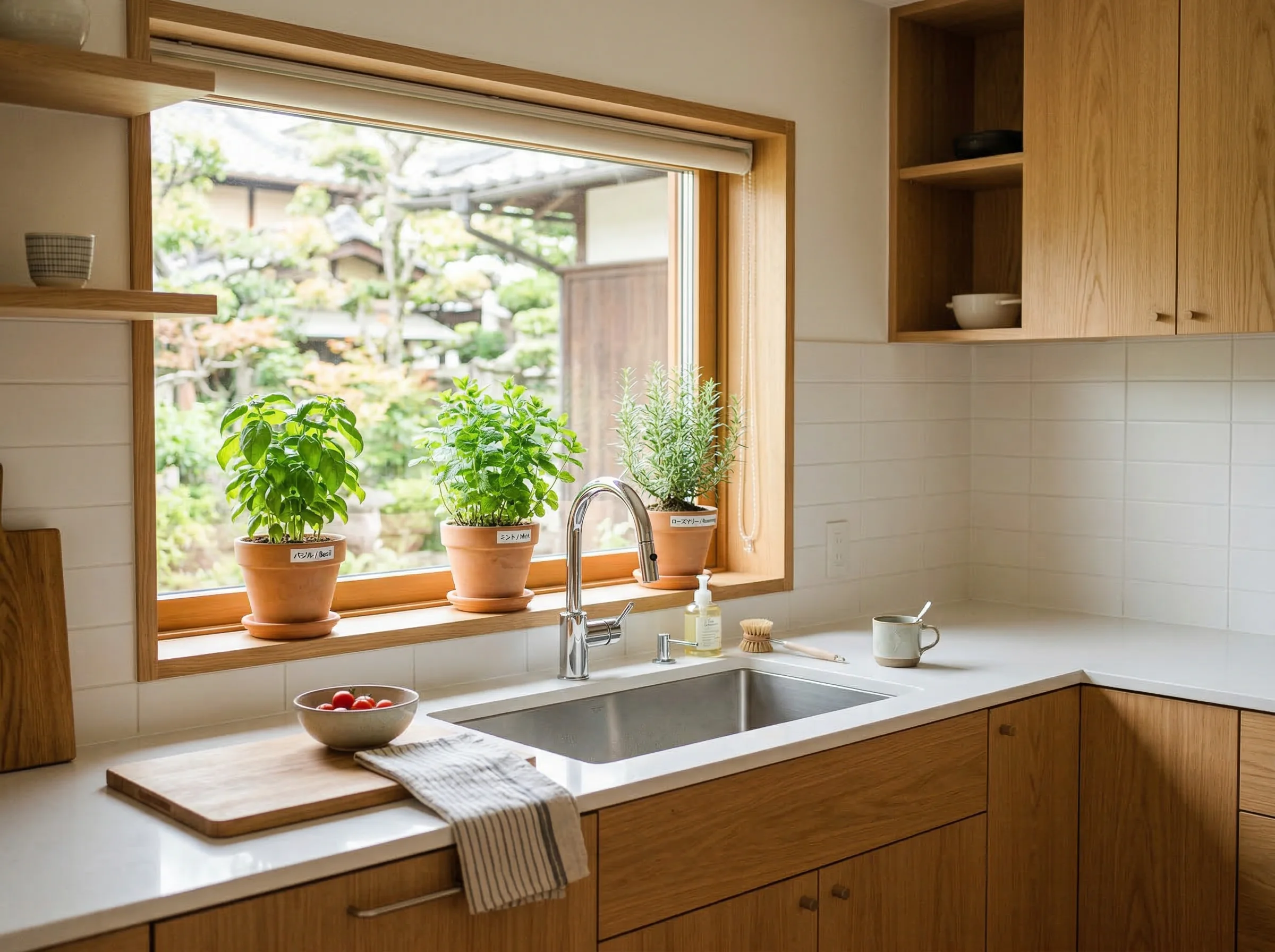 Modern kitchen with herb plants on windowsill
