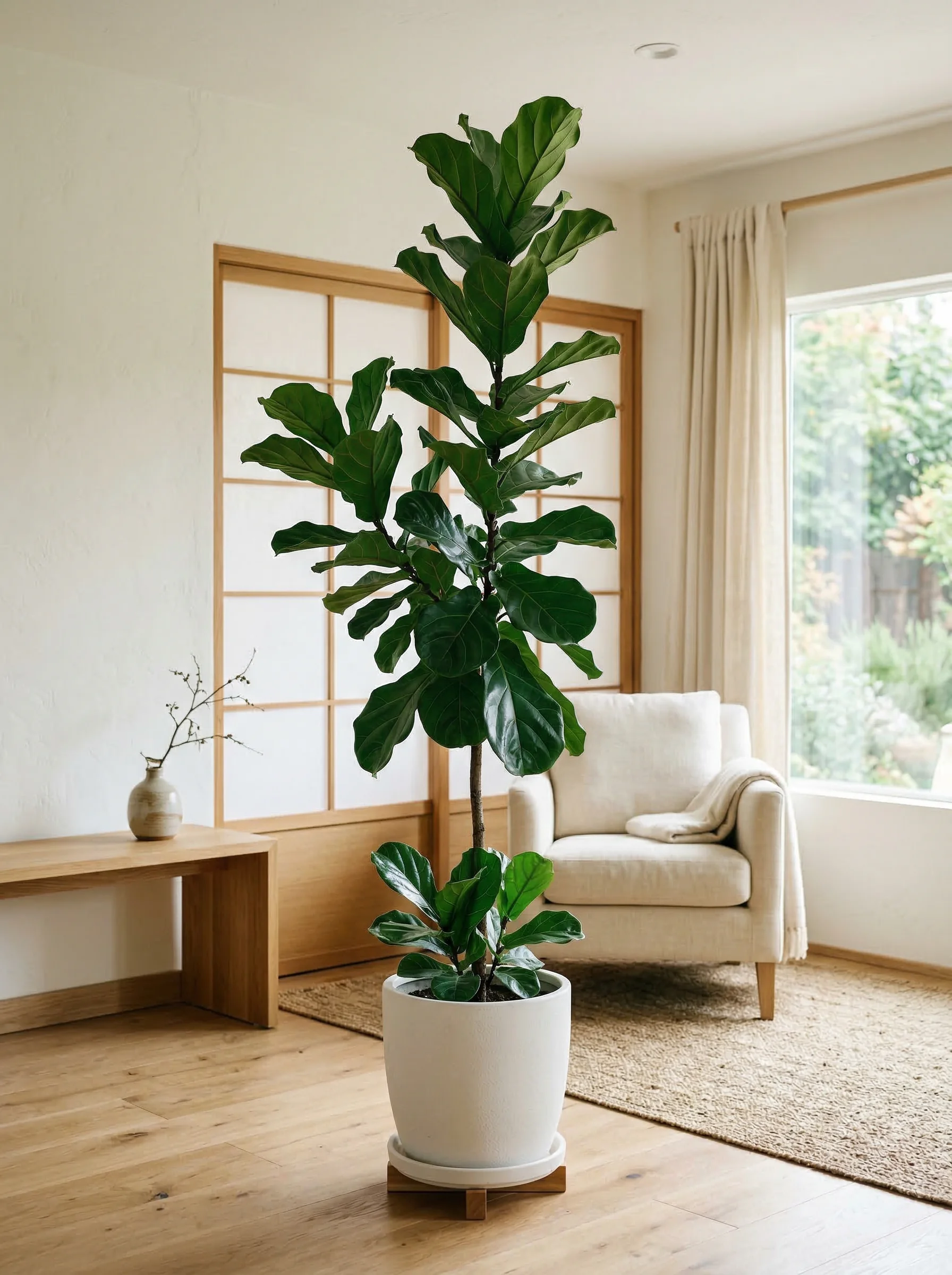 Fiddle leaf fig tree in white ceramic pot in bright Japanese interior