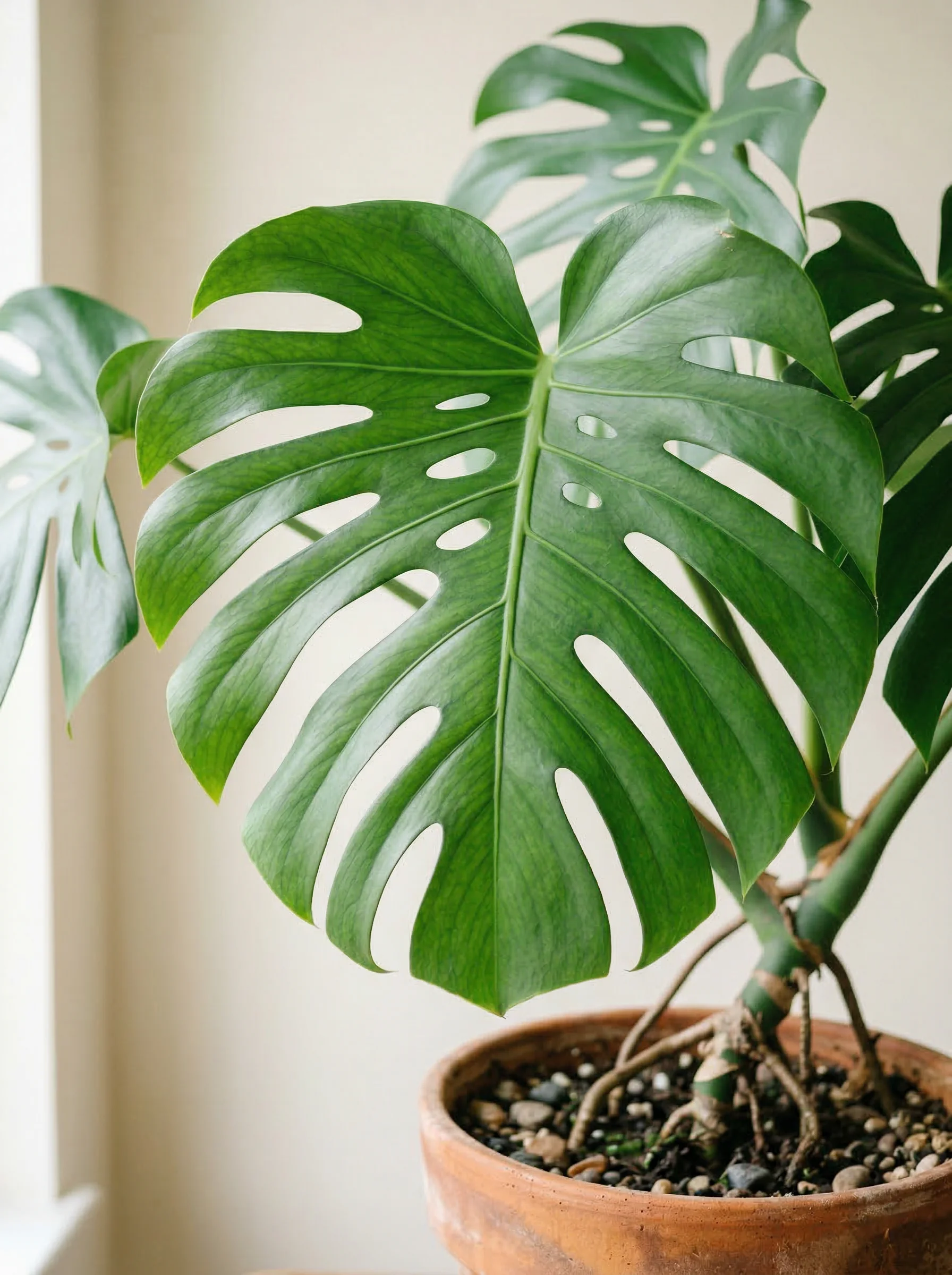 Monstera Deliciosa with large fenestrated green leaves in terracotta pot