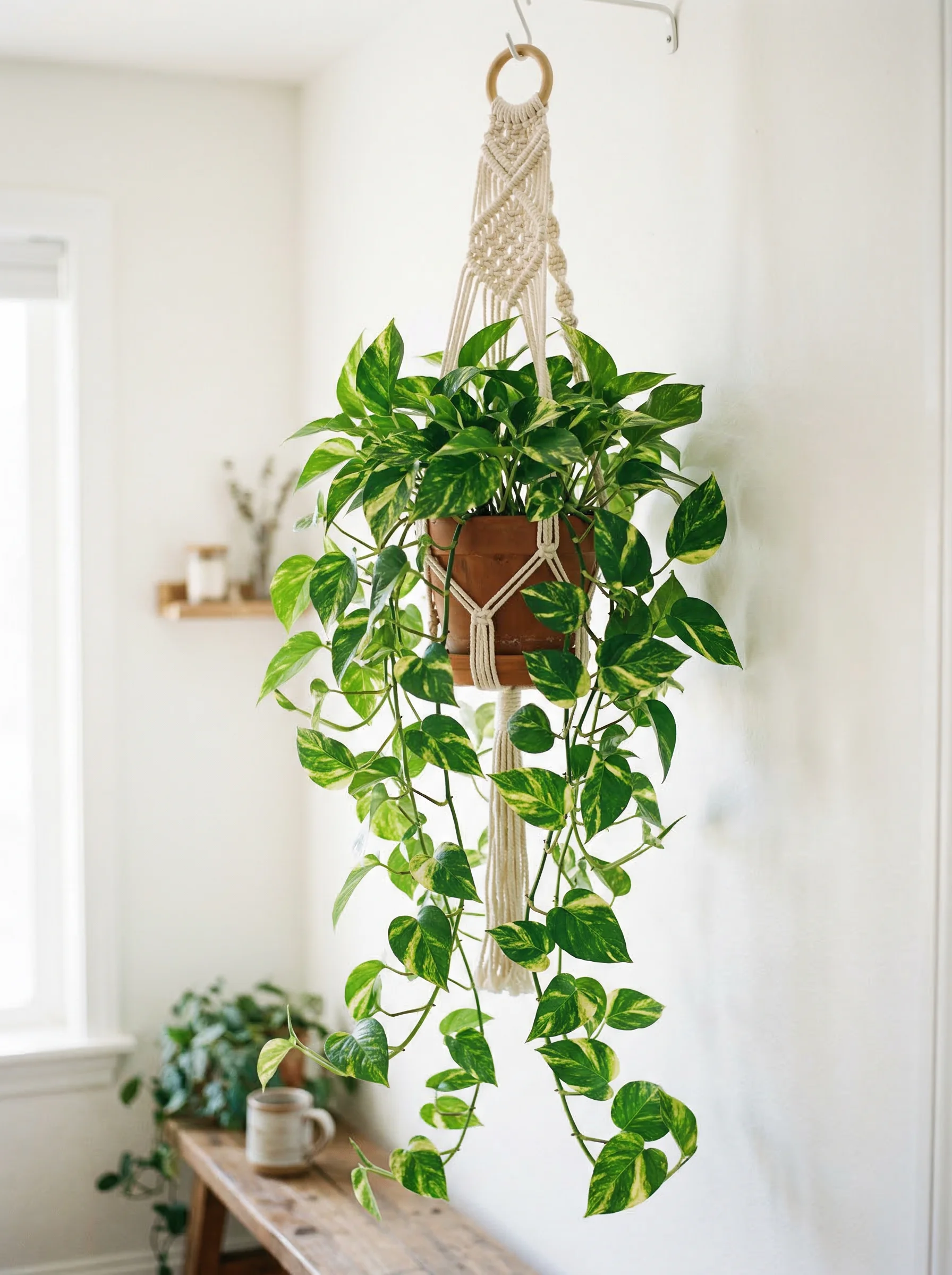 Golden pothos trailing from macrame hanging planter with variegated leaves