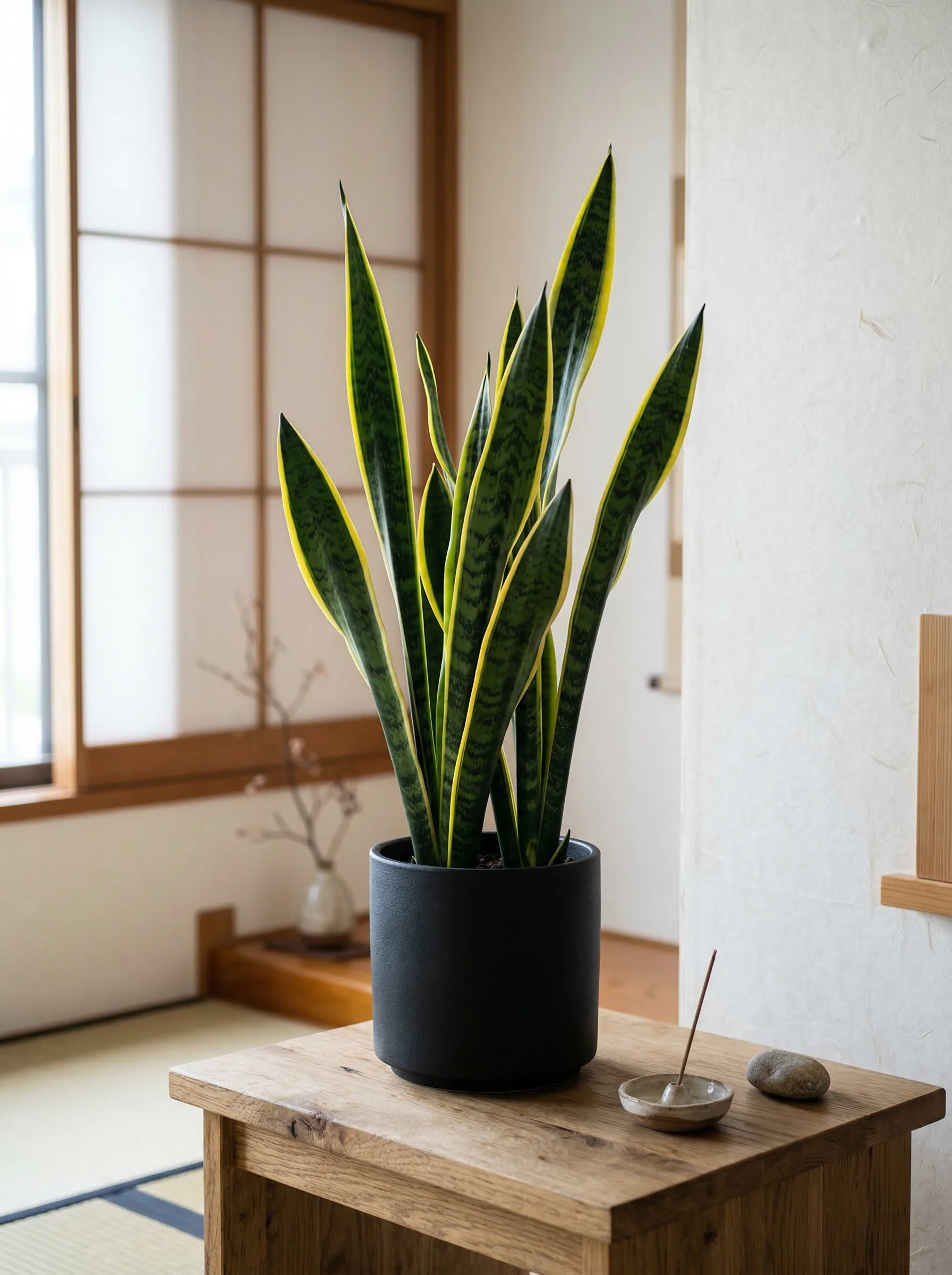Snake plant with tall upright dark green leaves in black ceramic pot