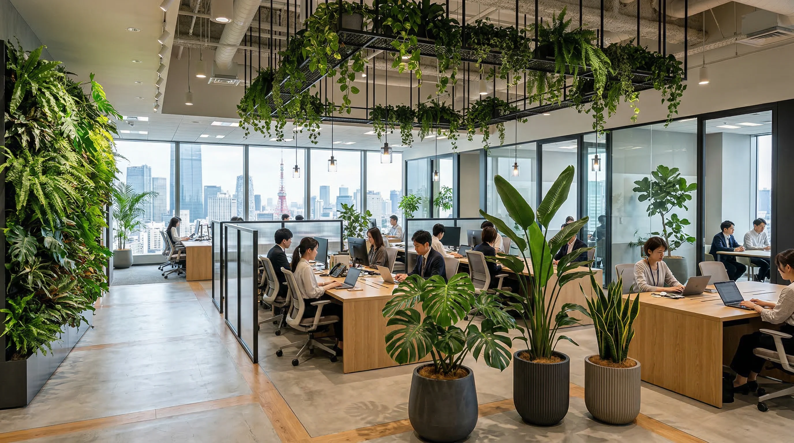 Tokyo corporate office with professional plant styling and living wall