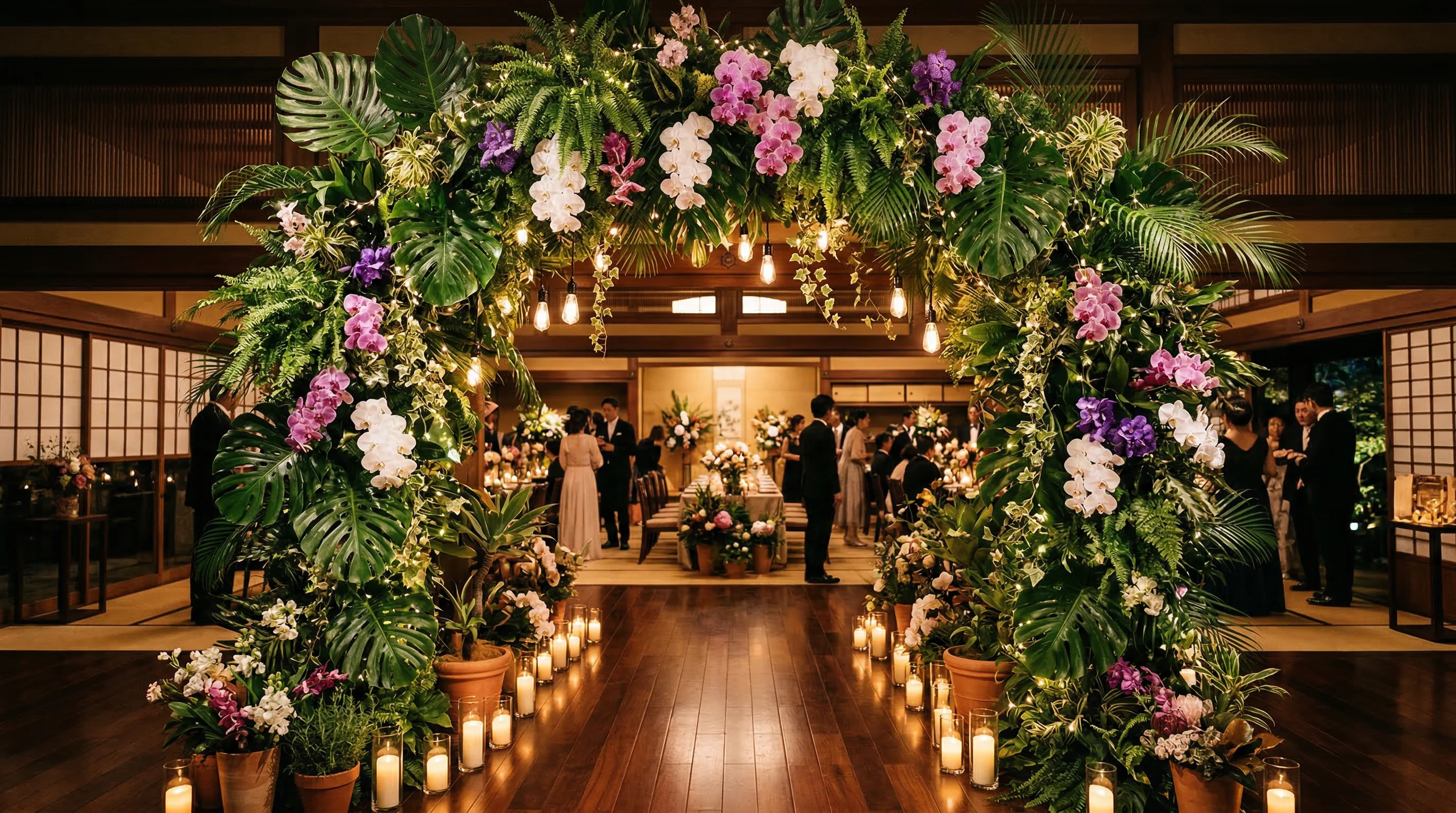 Botanical event installation with tropical archway and candles at Japanese venue